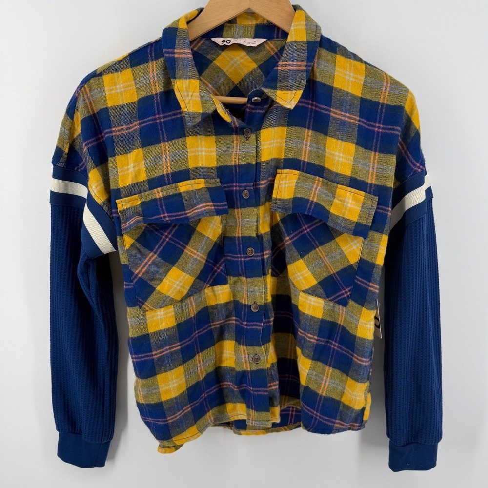 SO Waffle Knit Long Sleeved Fashion Yellow/Blue Plaid Flannel Sm 90s Grunge NWT